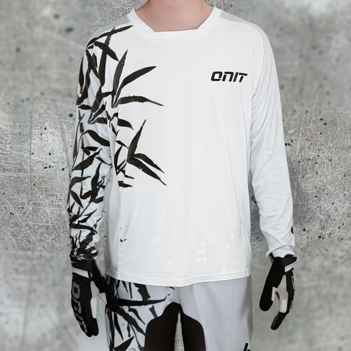 ONIT White MTB jersey with black bamboo print, front view