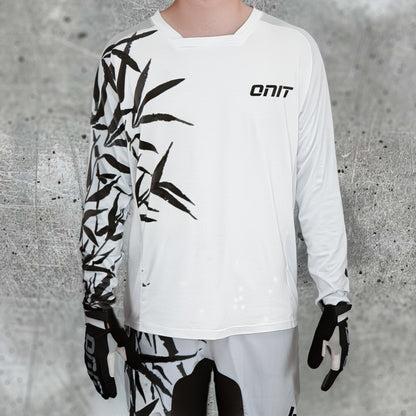 ONIT White MTB jersey with black bamboo print, front view