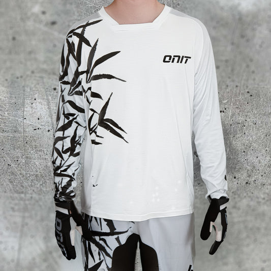 ONIT White MTB jersey with black bamboo print, front view