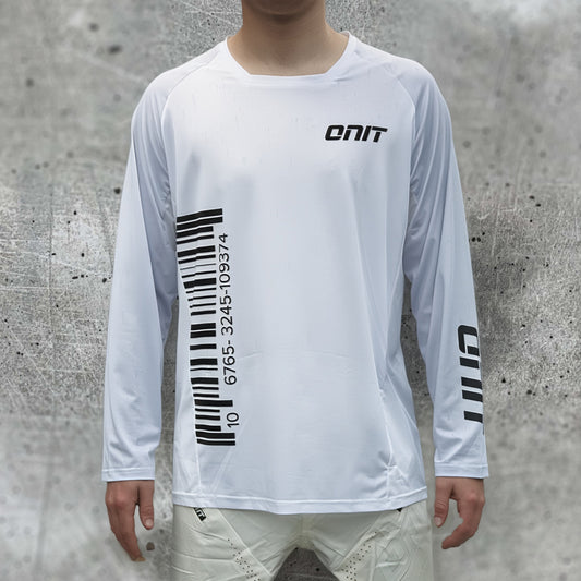 ONIT White MTB jersey with black barcode print, back view
