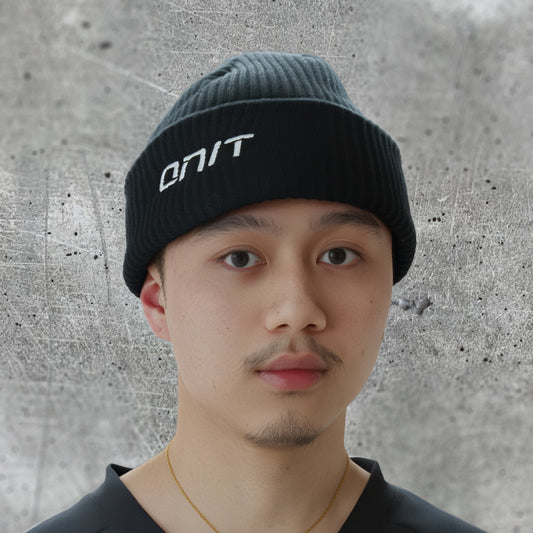 ONIT Black MTB beanie with logo, worn by model
