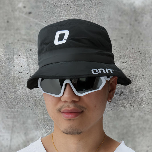 ONIT Black MTB bucket hat with logo, worn by model