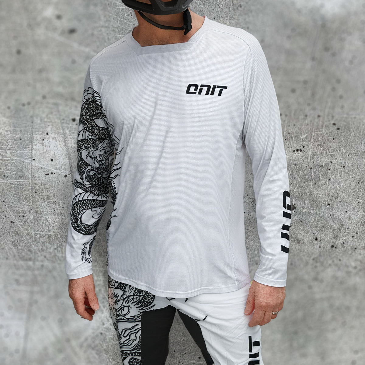 ONIT White MTB jersey with black dragon graphic, front view