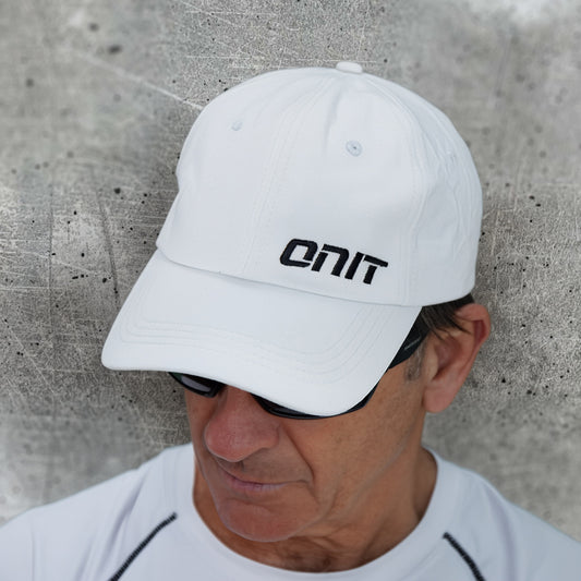 ONIT Black on White MTB cap with logo, worn by model