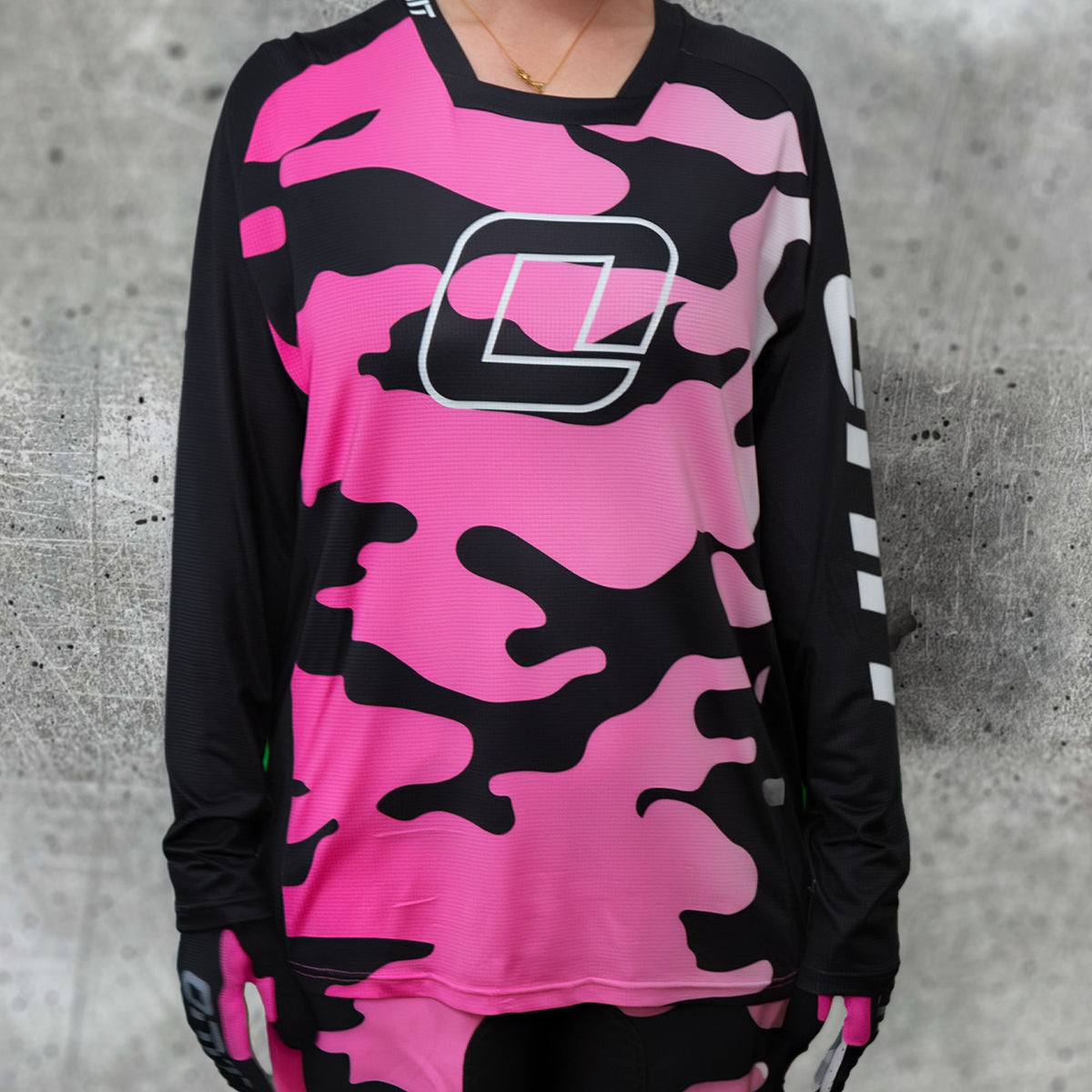 ONIT Black and pink camo MTB jersey, front view