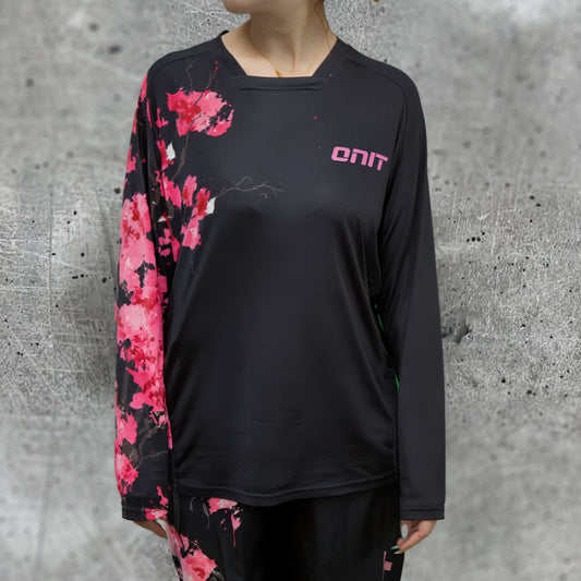 ONIT Black MTB jersey with pink cherry blossom print, front view