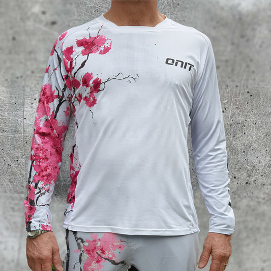 ONIT White MTB jersey with pink cherry blossom print, front view