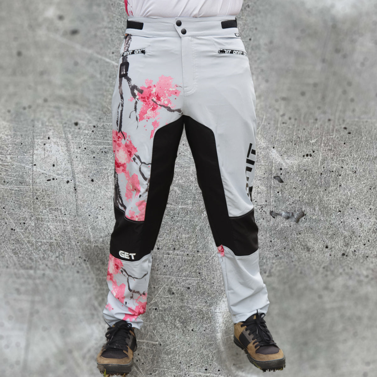 ONIT White MTB pants with pink cherry blossom print
