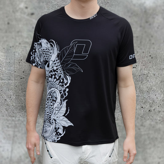 ONIT Black MTB jersey with white fish graphic, front view
