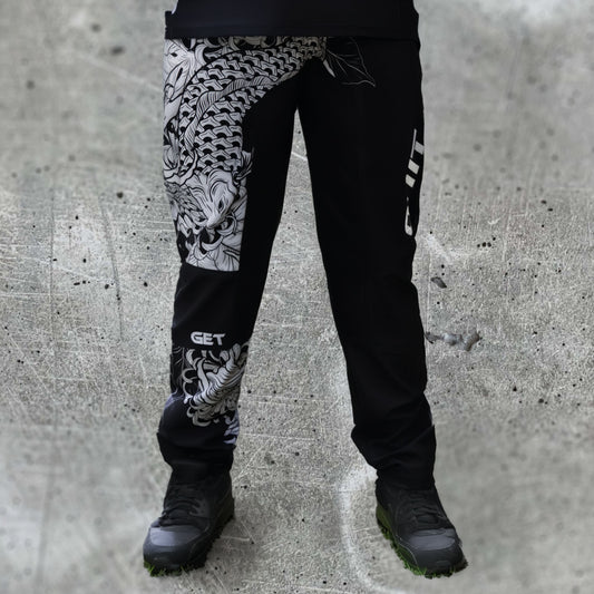 ONIT MTB pants with fish graphic panel, front view