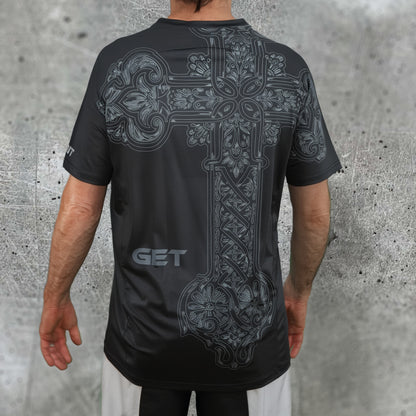 ONIT Black MTB jersey with iron cross graphic, short sleeve front view