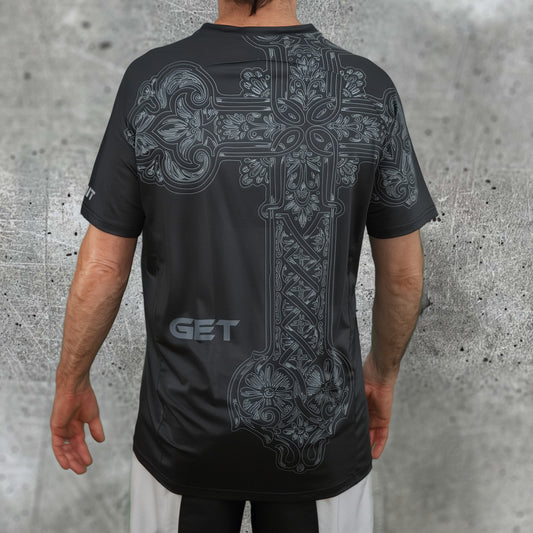 ONIT Black MTB jersey with iron cross graphic, short sleeve front view