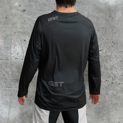 ONIT Black MTB jersey with white smiley graphic, long sleeve, back view