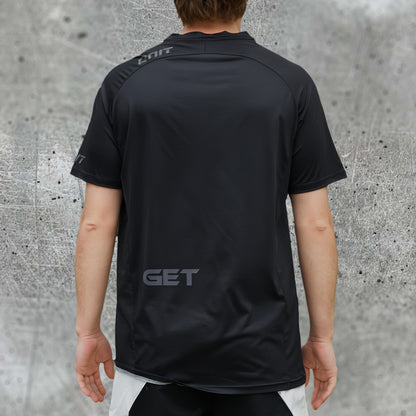 ONIT Black MTB jersey with white smiley graphic, short sleeve back view