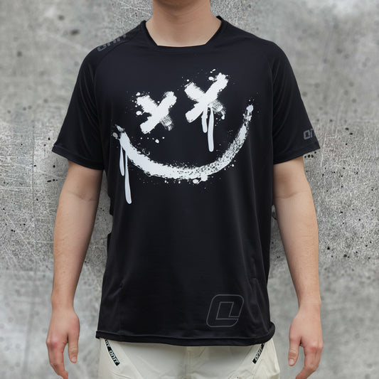 ONIT Black MTB jersey with white smiley graphic, short sleeve