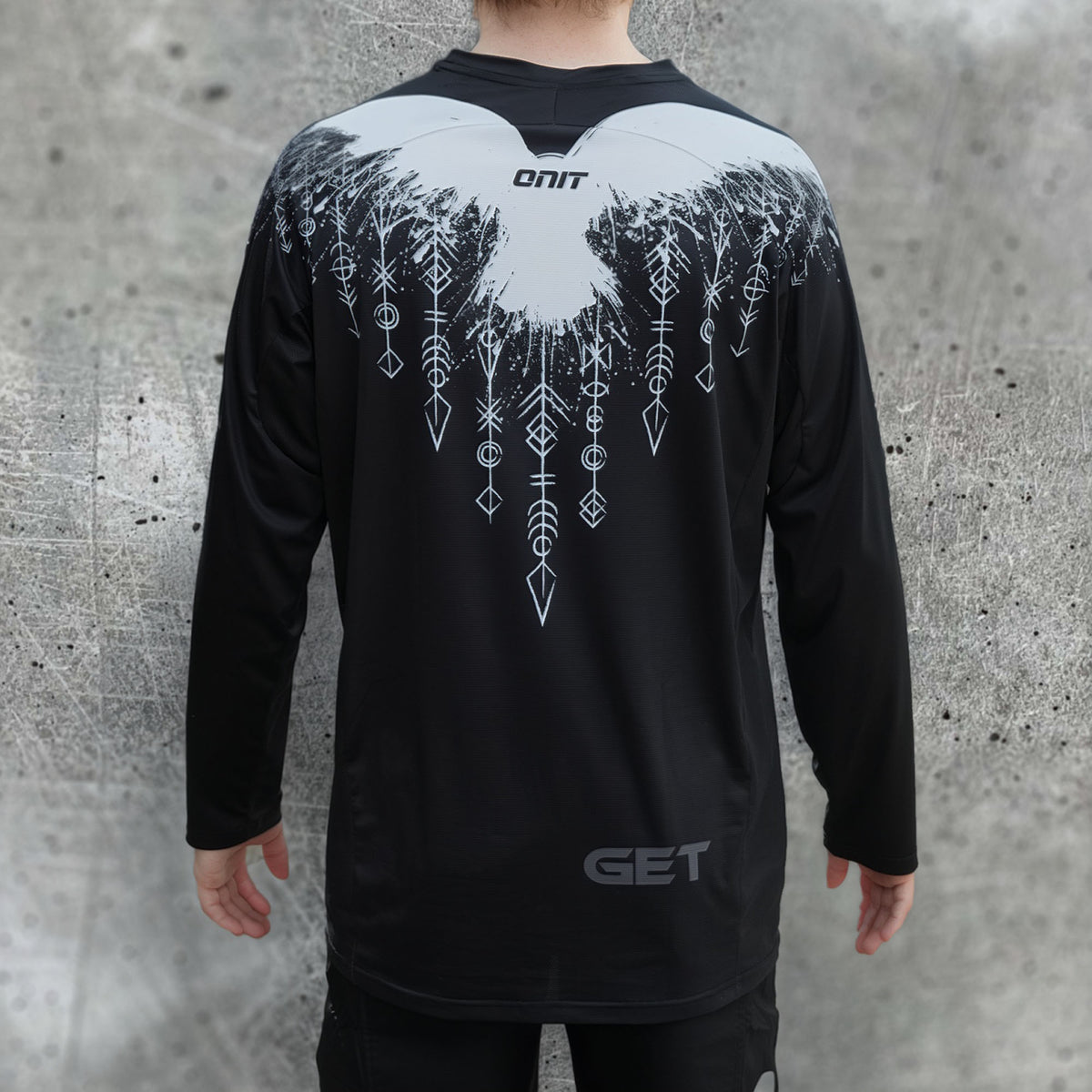 ONIT Black MTB jersey with white Norse-inspired graphic, back view