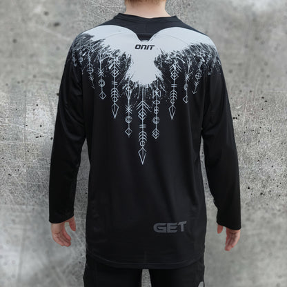 ONIT Black MTB jersey with white Norse-inspired graphic, back view