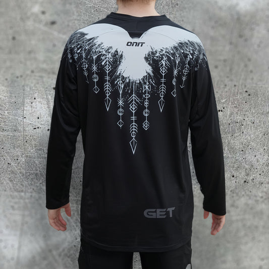 ONIT Black MTB jersey with white Norse-inspired graphic, back view