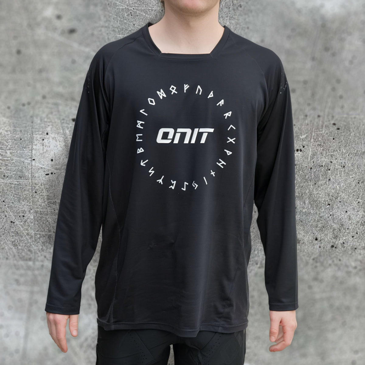 ONIT Black MTB jersey with white Norse-inspired graphic, front view