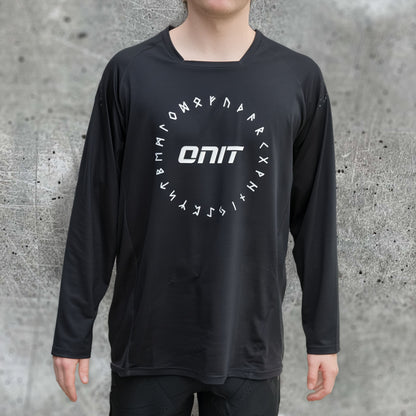ONIT Black MTB jersey with white Norse-inspired graphic, front view