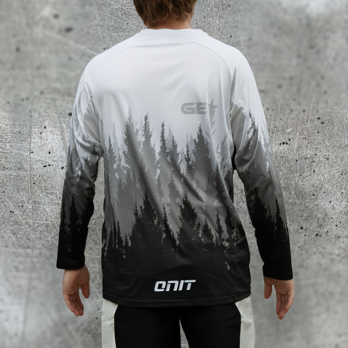 ONIT White MTB jersey with black forest silhouette print back view