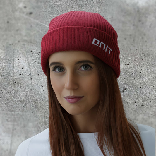 ONIT Red MTB beanie with logo, worn by model