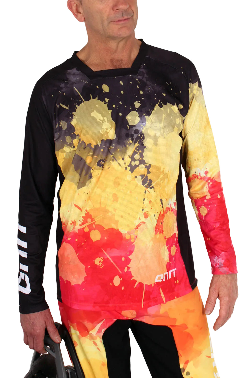 ONIT Black MTB jersey with orange and red paint splash print front view